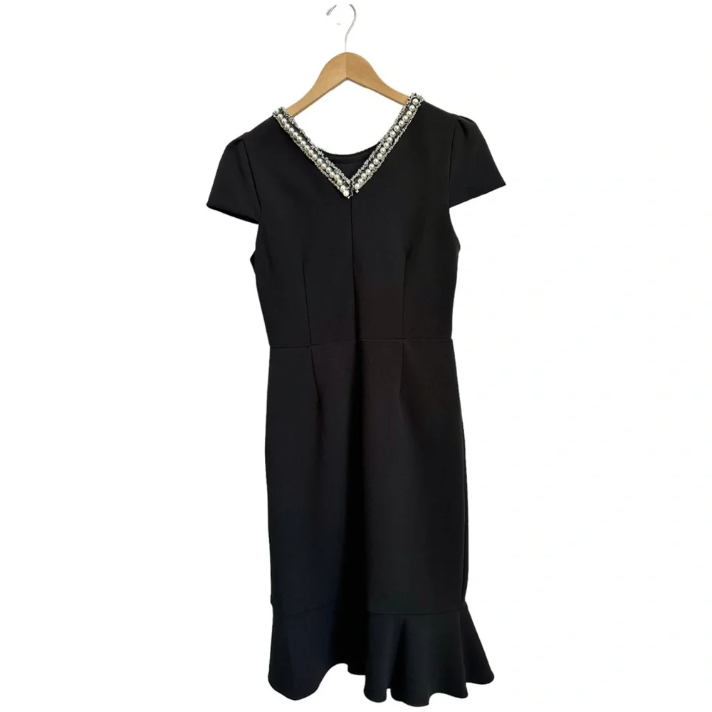 Betsey Johnson Black Dress Pearl Fringe Collar Black Cap Sleeve Ruffle Hem Sz 8 - Picture 12 of 16